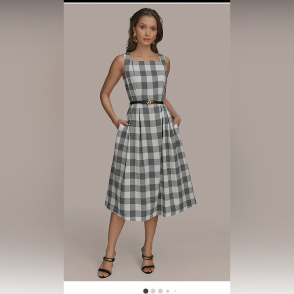 Donna Karan Checkered Black and White Midi Dress with Gold Accent Donna Karan Checkered Black and White Midi Dress with Gold Accent